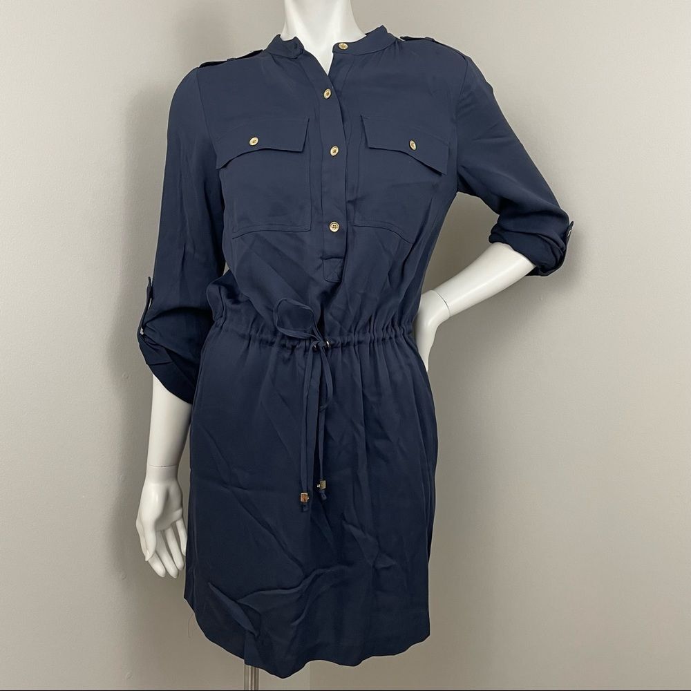 MICHAEL MICHAEL KORS Navy Blue Button Up Cinch Drawstring Waist Dress